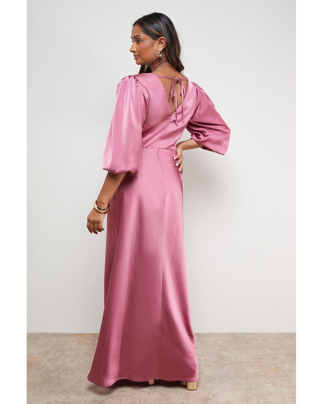 Oasis Pink Satin V Neck Balloon Sleeve Bias Midi Dress