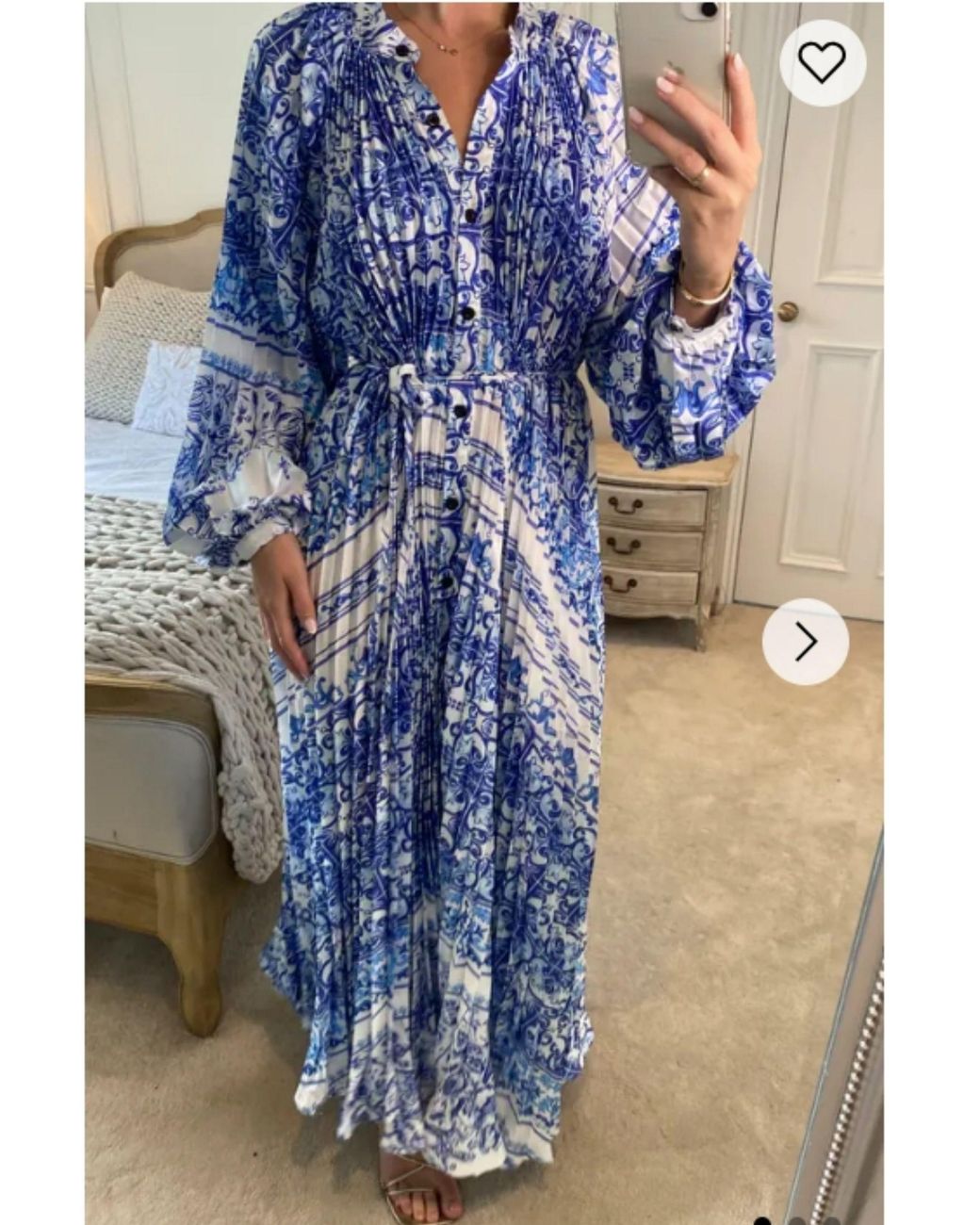CY Blue Monochrome Scarf Print Pleated Long Shirt Dress