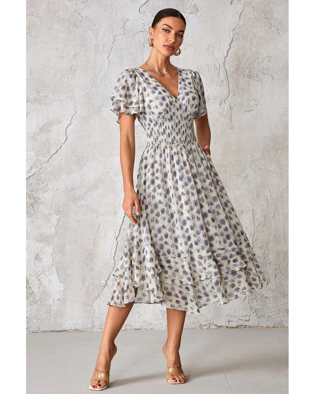 Jolie Moi Gray Frill Hem Chiffon Midi Dress