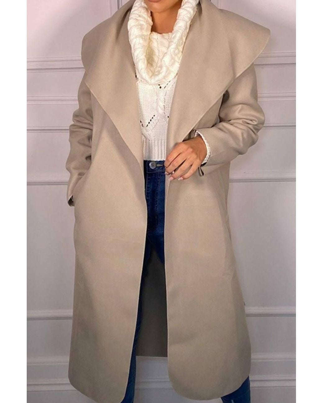Femme Luxe Natural Waterfall Duster Belted Long Coat