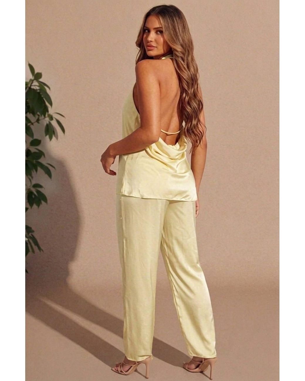 Femme Luxe Natural Cowl Neck Sleeveless Top & Wide Leg Trouser Set