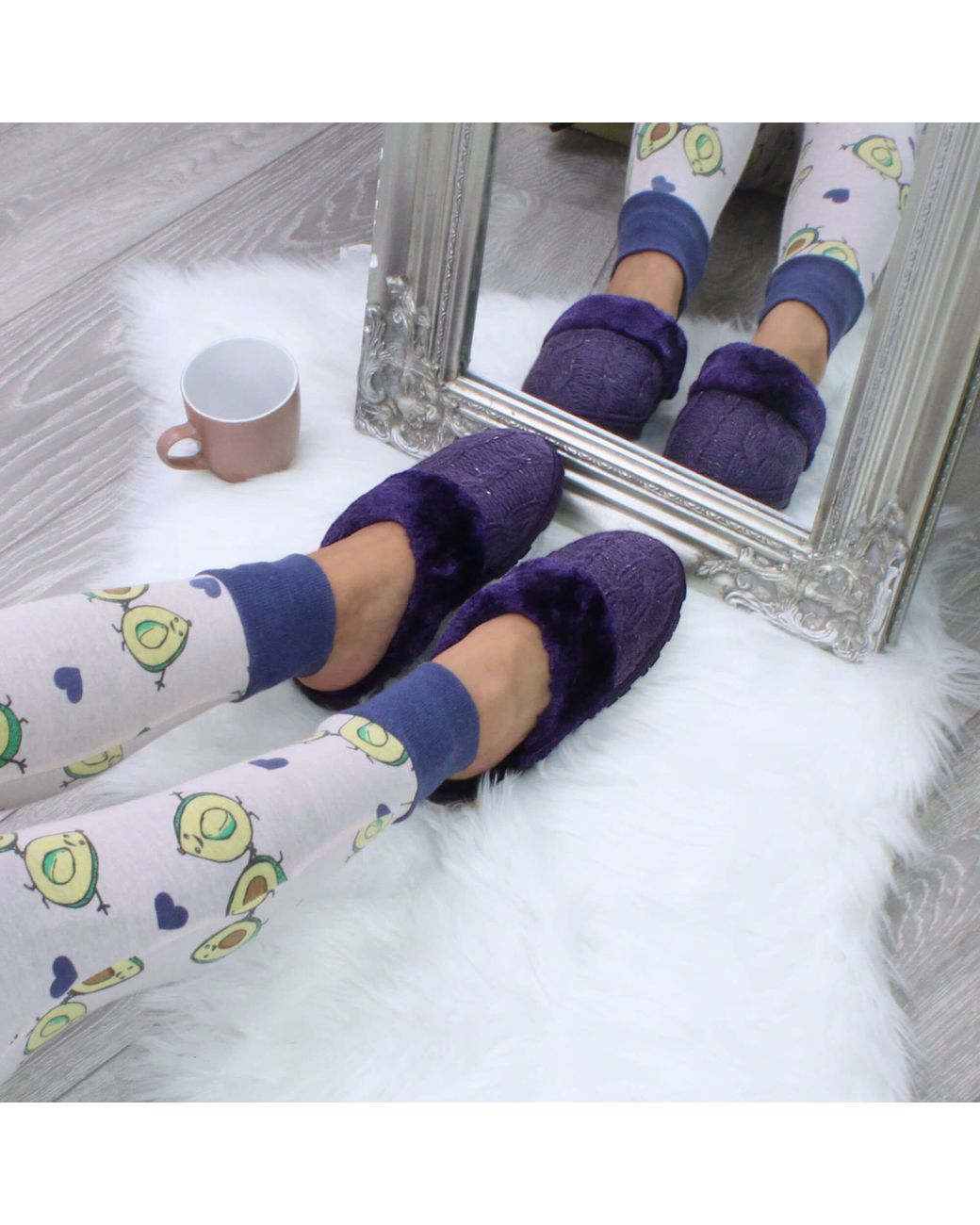AJVANI Blue Flat Heel Mule Glitter Cable Knit Slippers