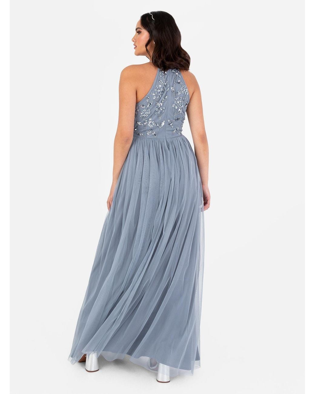 Maya Deluxe Blue Floral Embellished Halter Neck Maxi Dress