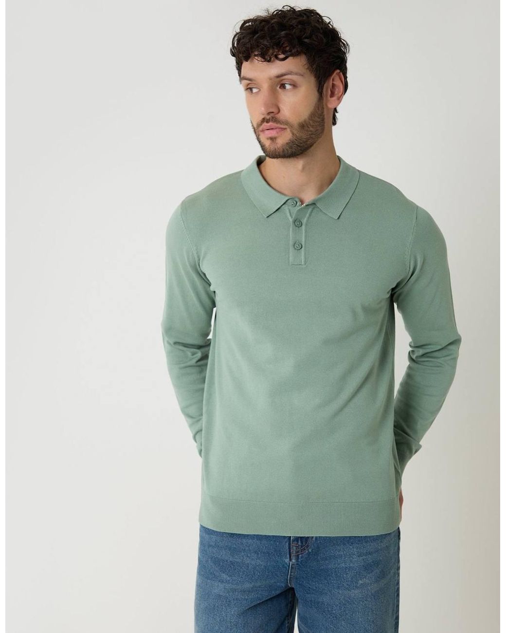 Threadbare Green Knitted Long Sleeve Polo Jumper for men