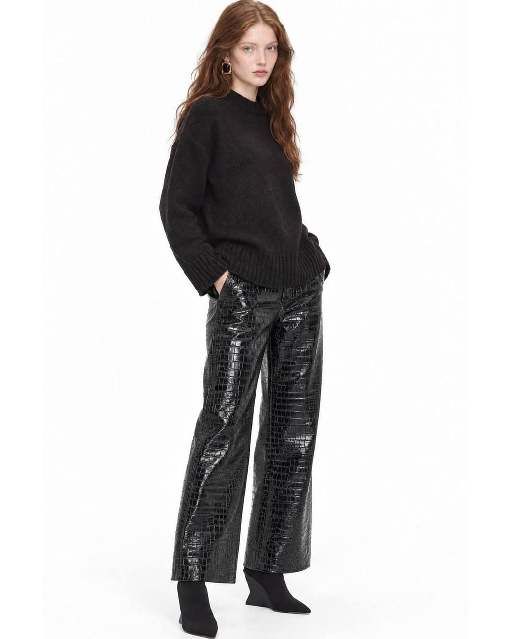 MixRay Black Oversized Ribbed Knit Sweater With Crew Neck