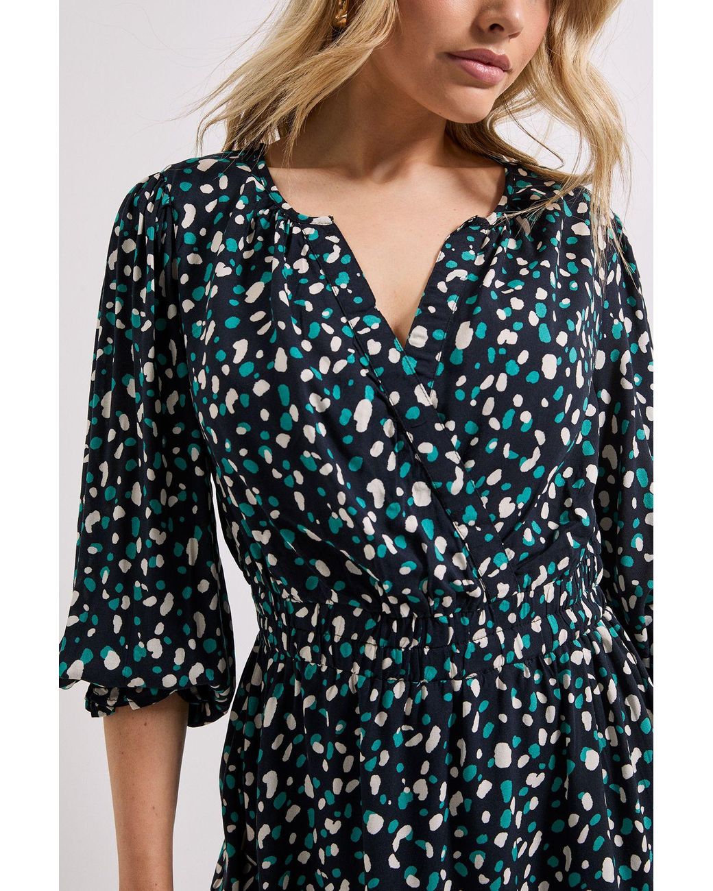 Dorothy Perkins Blue Abstract Wrap Front Blouson Sleeve Mini Dress