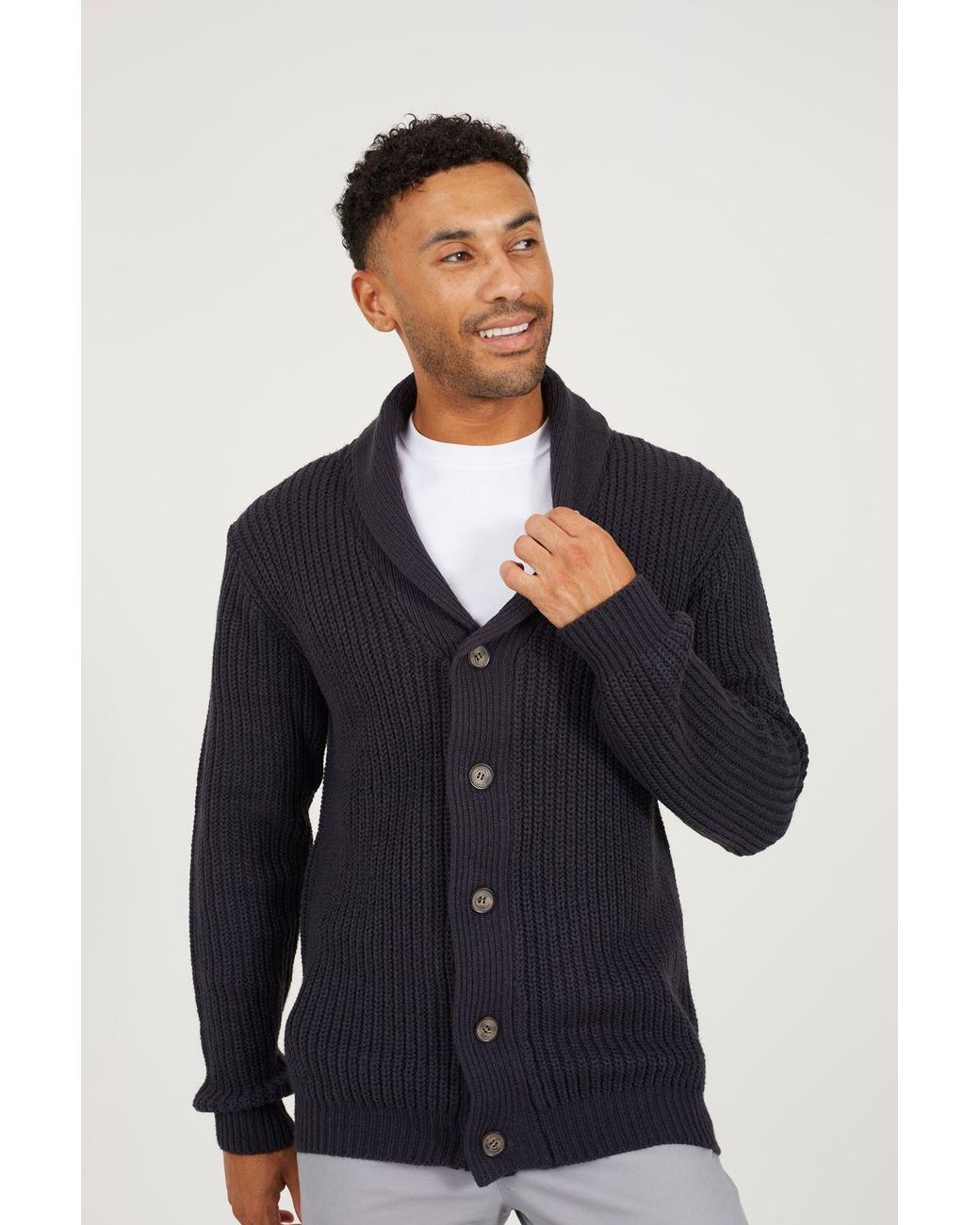 Brave Soul Blue Shawl Neck Chunky Knit Cardigan for men