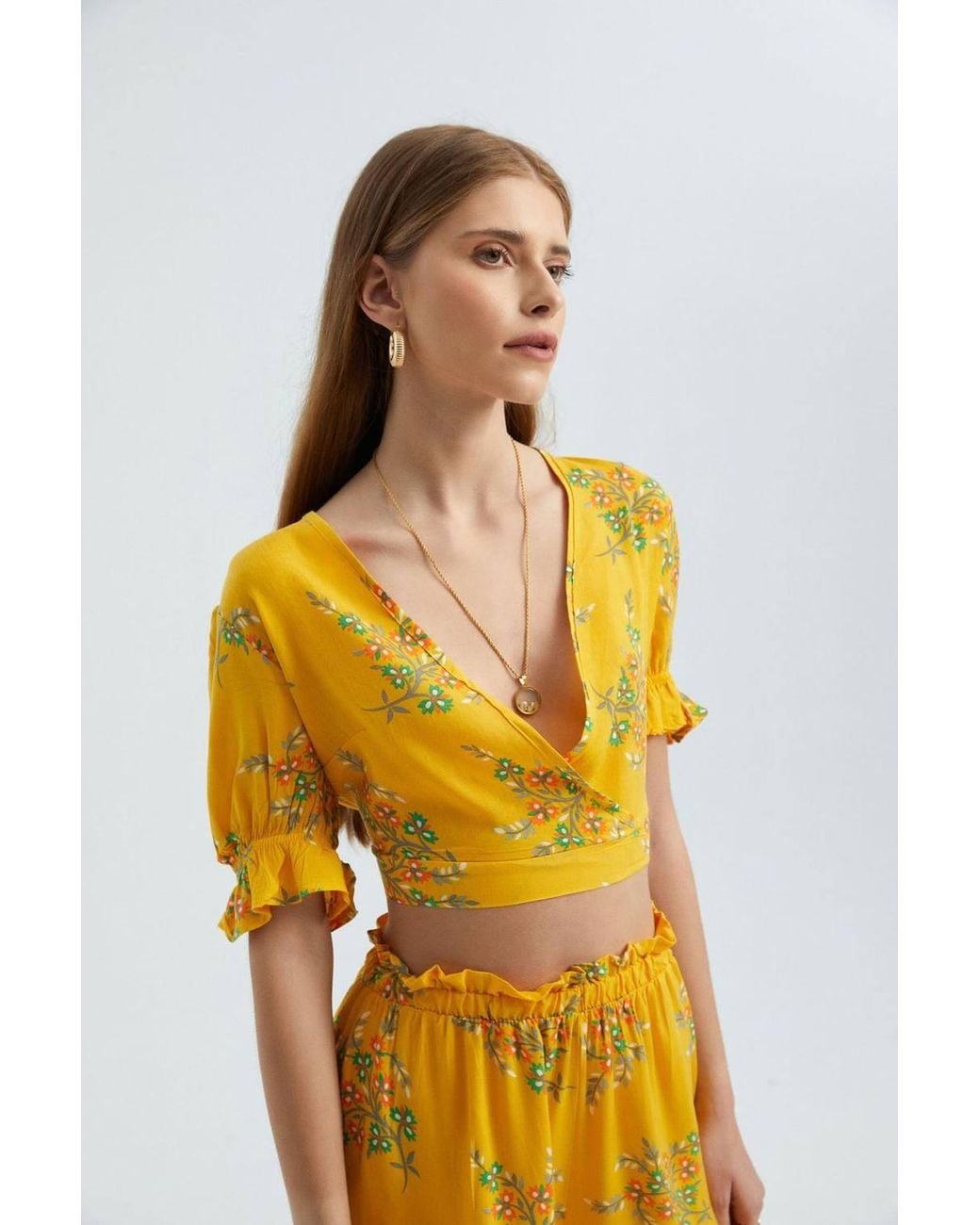 Hiccup Yellow Floral Surplice Neck Short Sleeve Crop Top