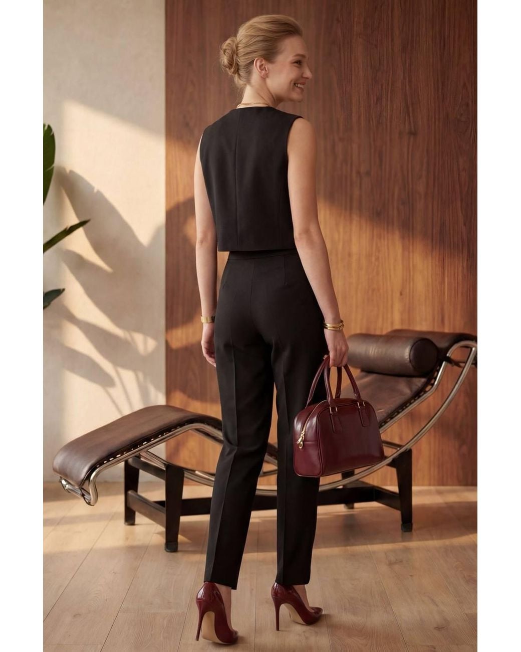 My Fashion Brown Crew Neck Crop Vest & High Waist Pants Two-Piece Set