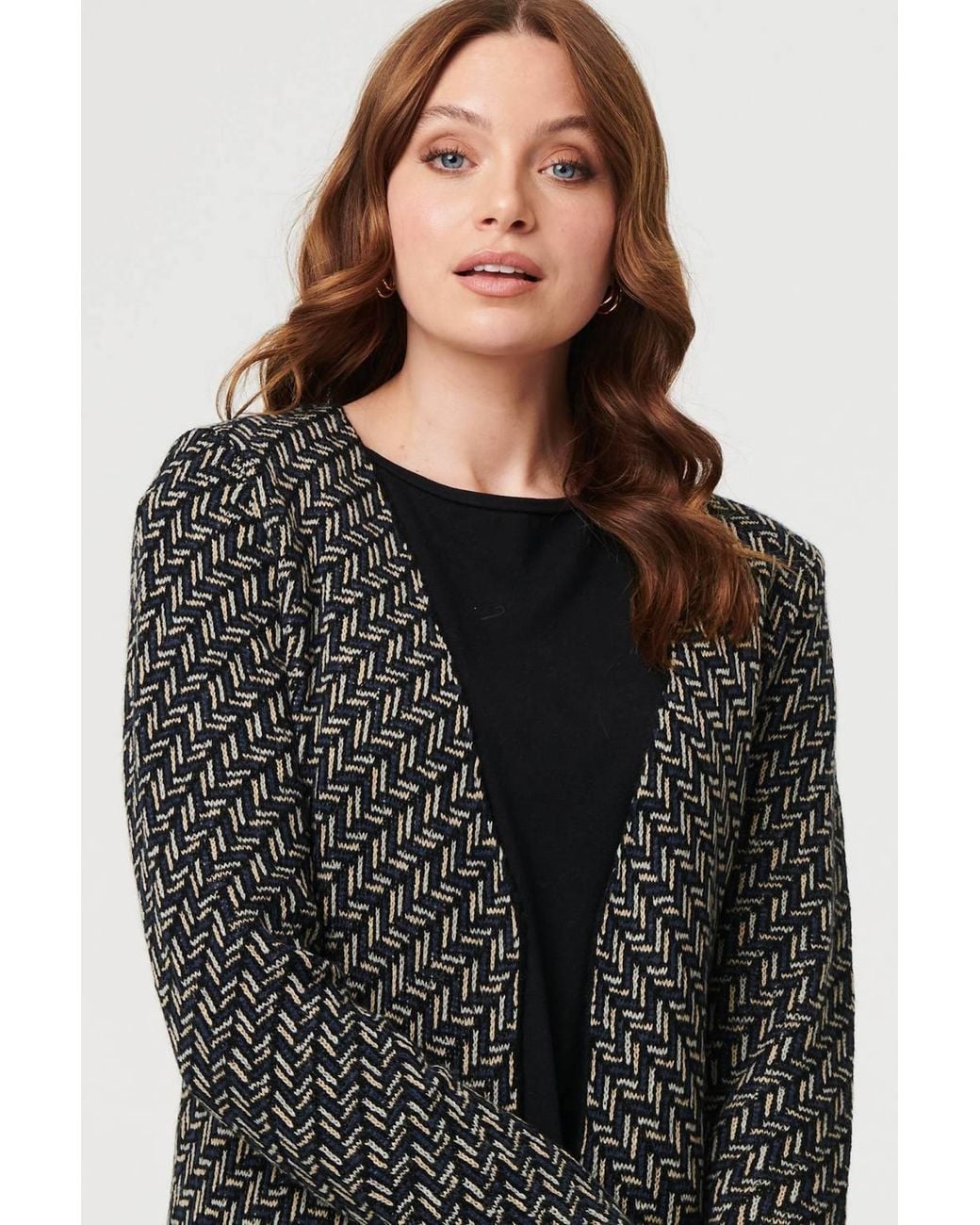 Izabel London Black Geo Print Longline Open Front Jacket