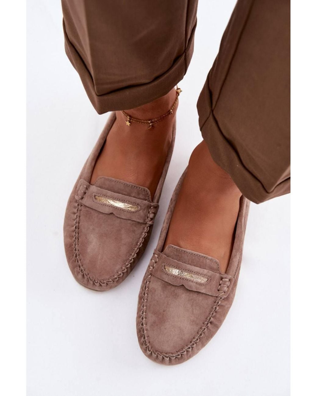 Love Lace Brown Soft Suede Loafers With 4.5Cm Upper