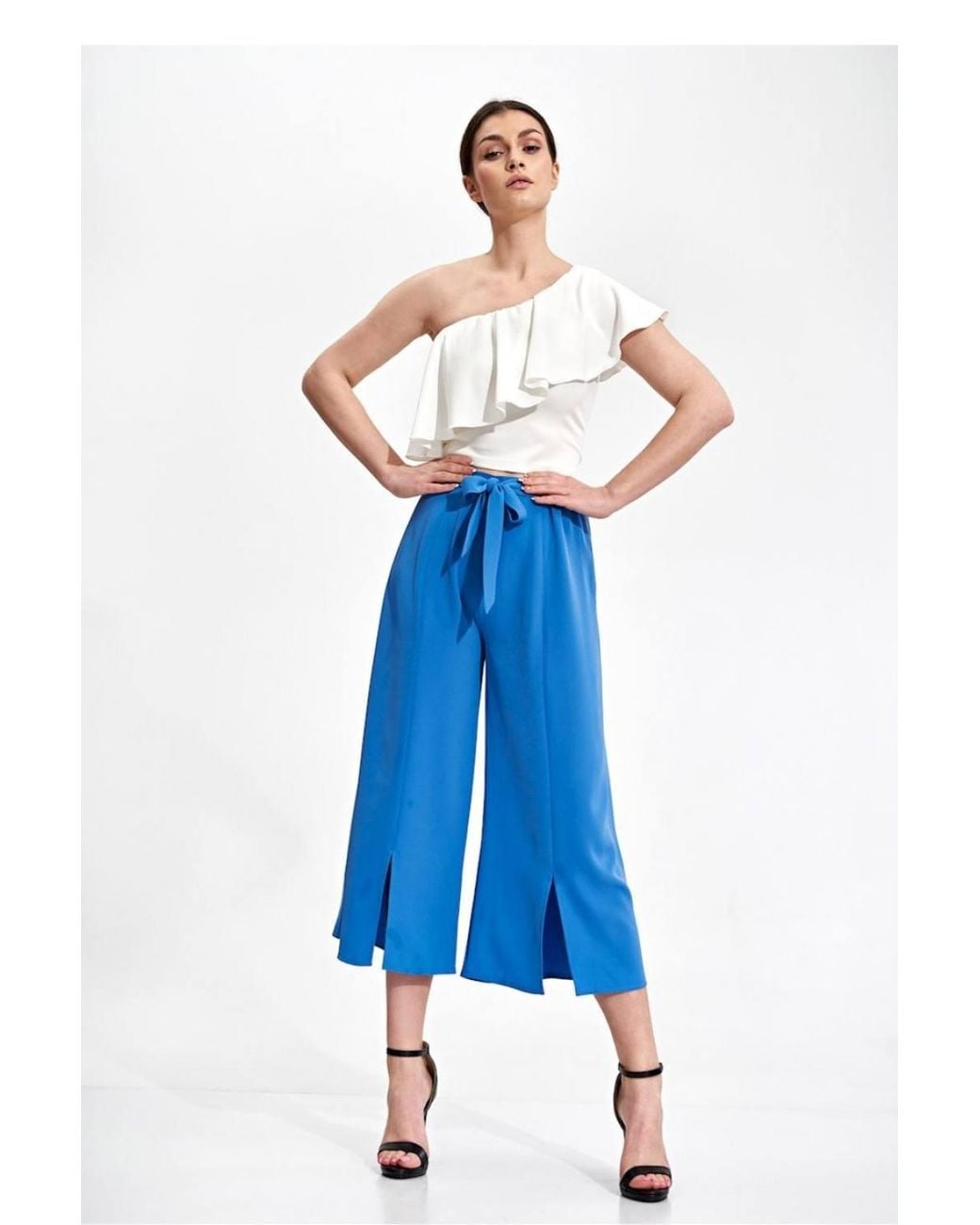 Love Lace Blue Bell Bottom Pants Elastic Waist Front Slit