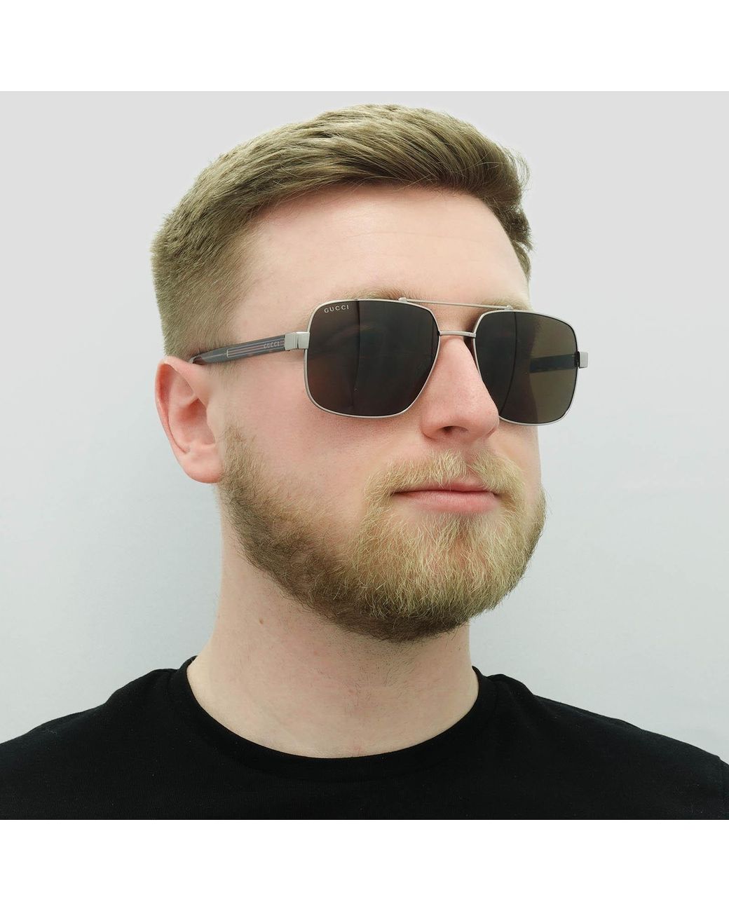 Gucci Brown Square Ruthenium Havana Sunglasses for men