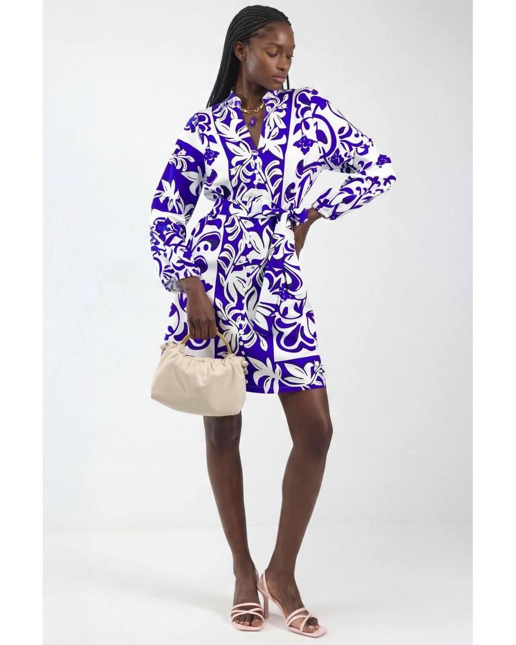 Msn-Collection Blue Floral V-Neck Mini Shirt Dress With Belt