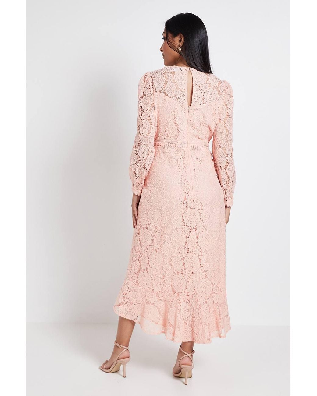 Wallis Pink Petite Lace High Neck Ruffle Midi Dress