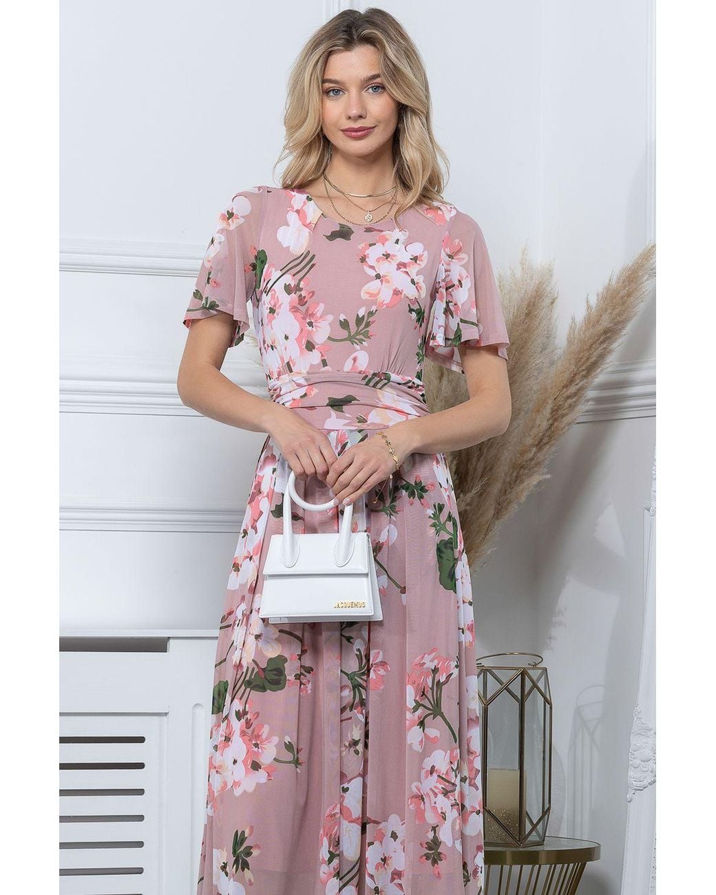 Jolie Moi Pink Julita Print Mesh Maxi Dress