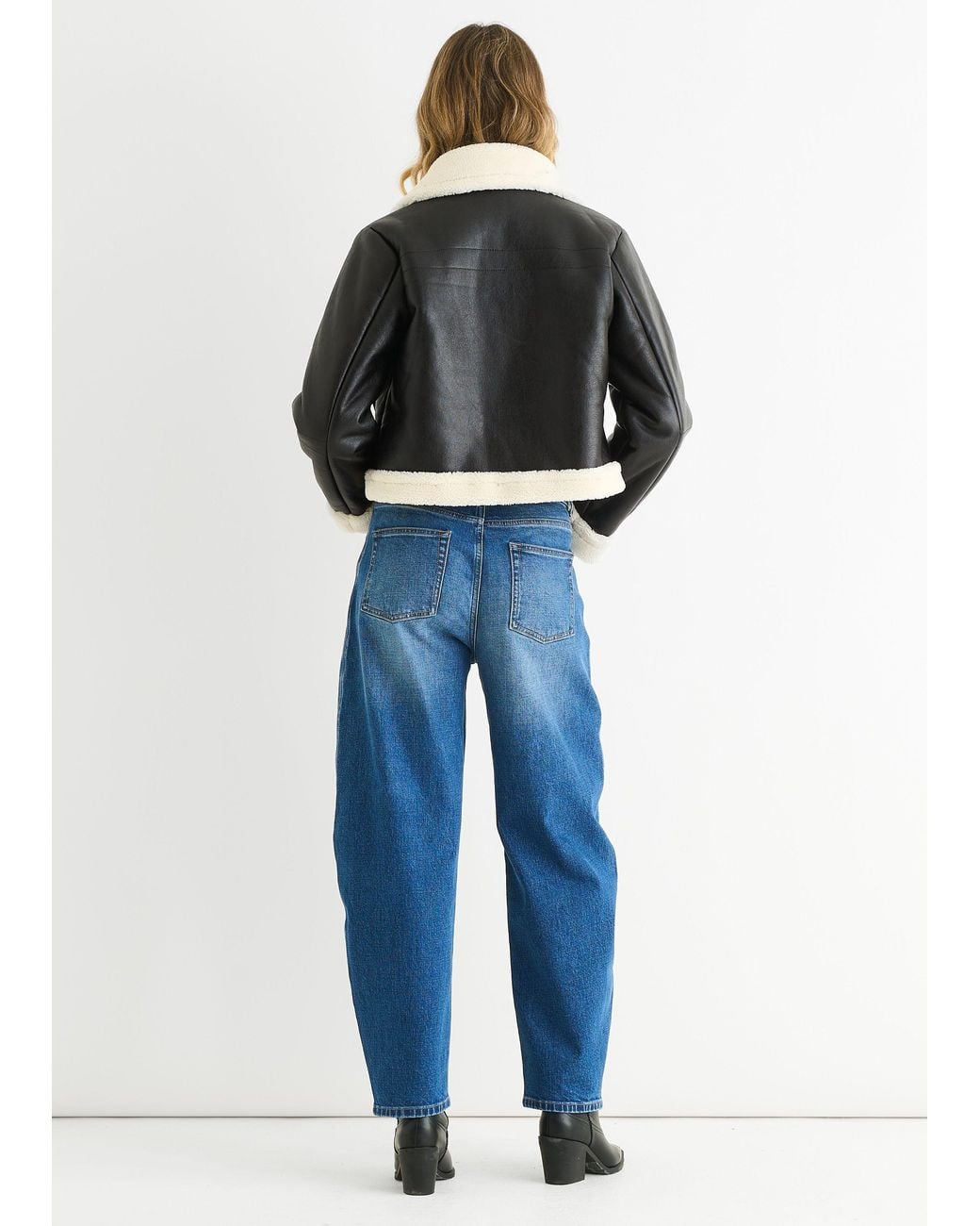 Gini London Blue Faux Leather Shearling Fur Aviator Jacket
