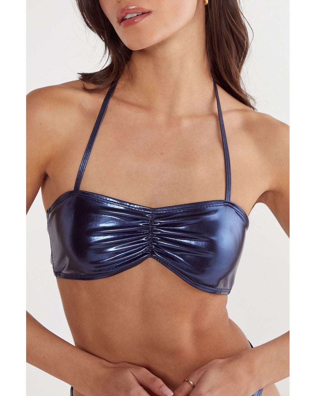 Nasty Gal Blue Metallic Ruched Halter Neck Bikini Set