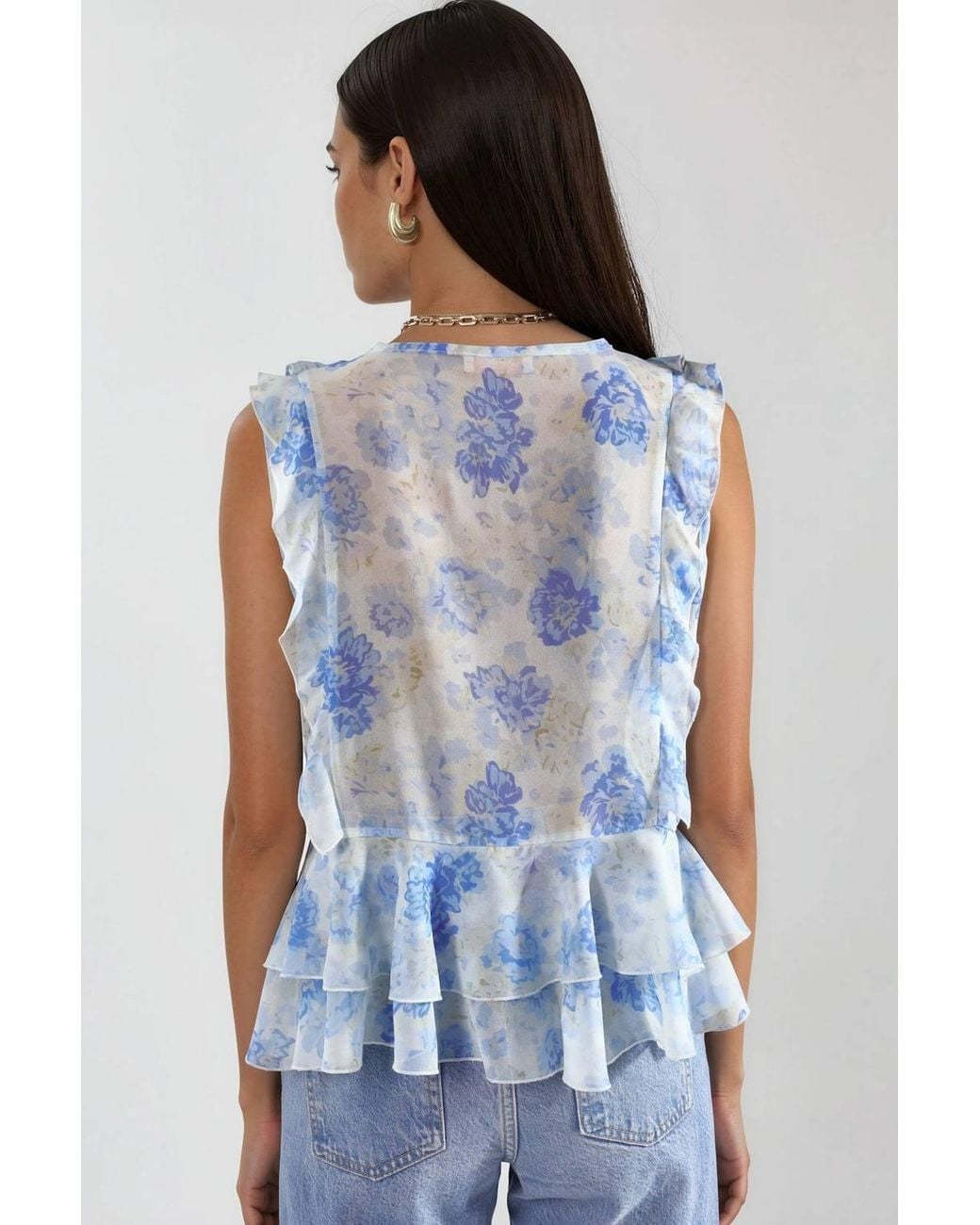 Hiccup Blue Floral V-Neck Chiffon Blouse With Tie Closure