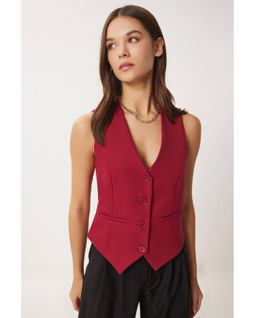 Happiness İstanbul Red Crop Button Waistcoat
