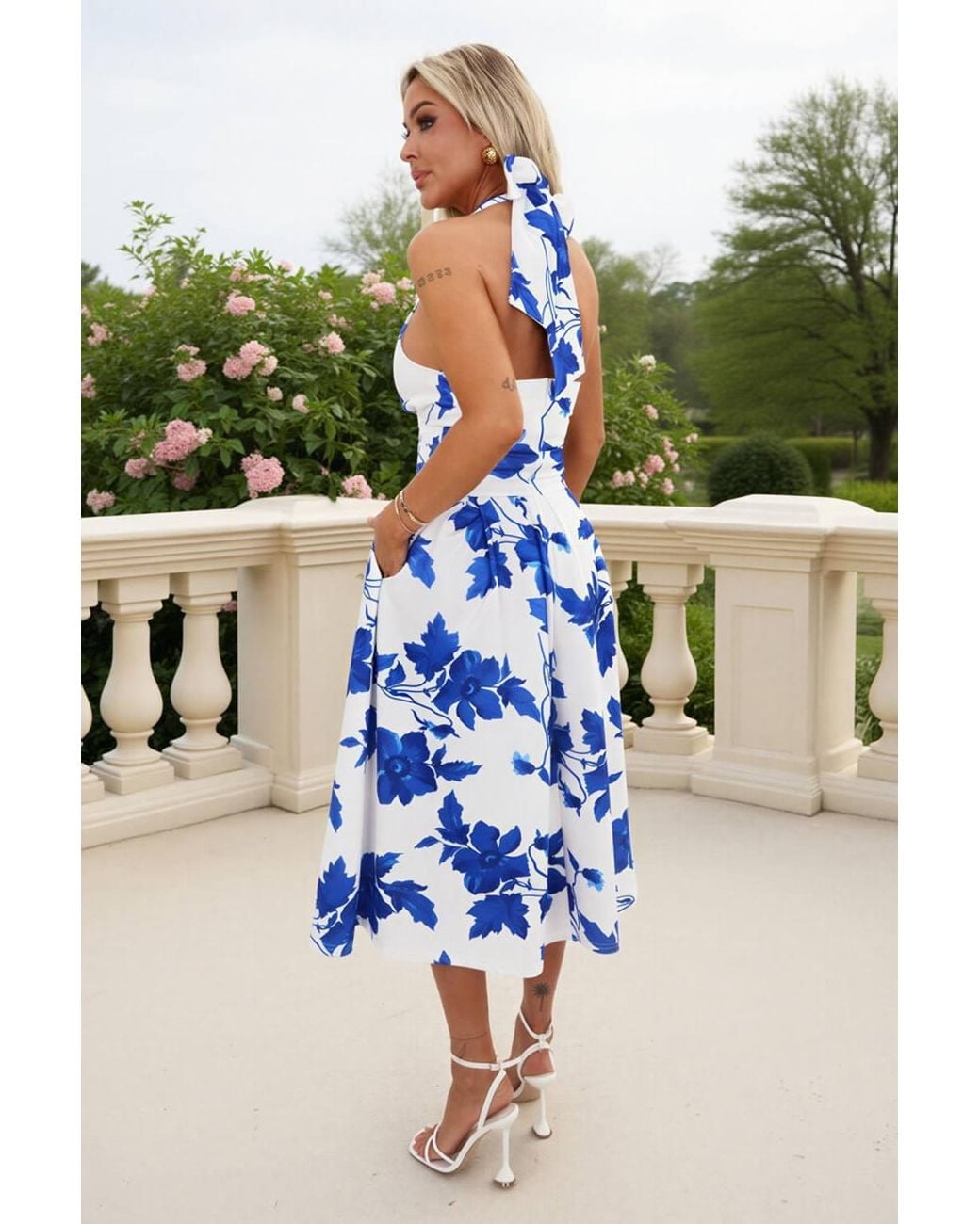 AX Paris Blue Cream Floral Print Tie Halter Neck Midi Dress