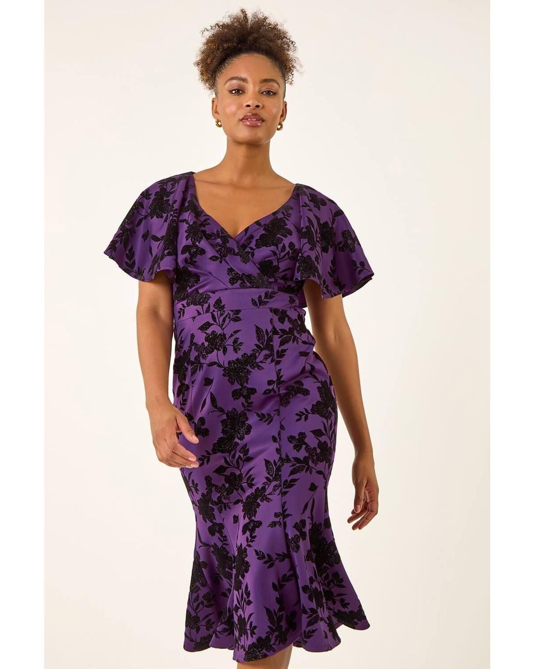 Roman Gray Glitter Floral Flocked Flutter Dress