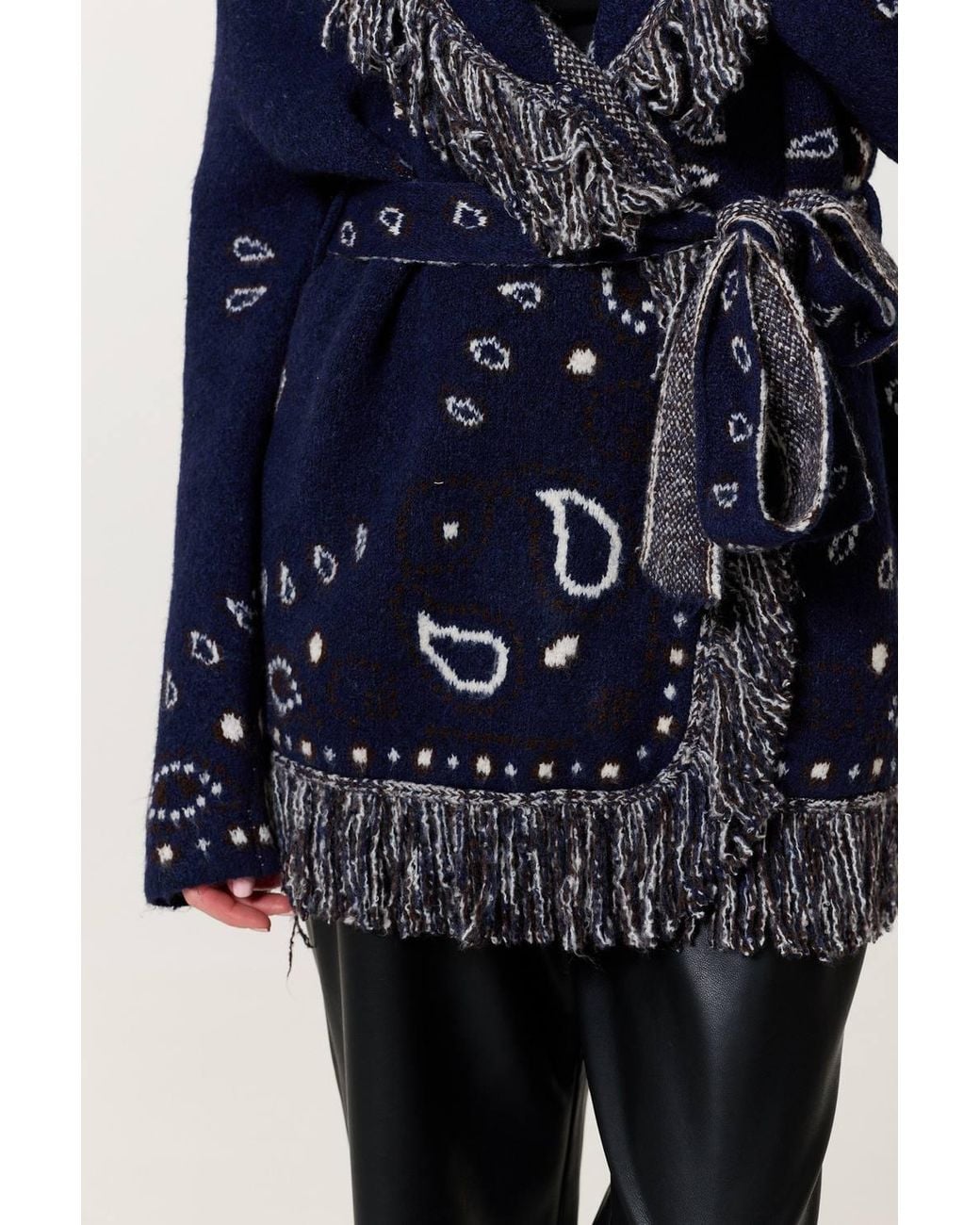 Liquorish Blue Paisley Fringe Wool Blend Cardigan
