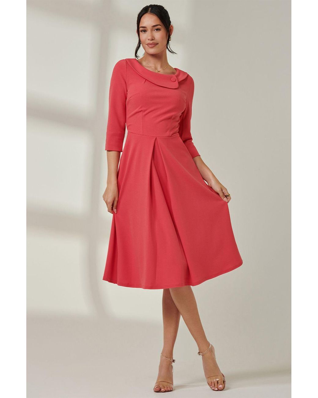 Jolie Moi Red Fold Neckline Sleeved Midi Dress