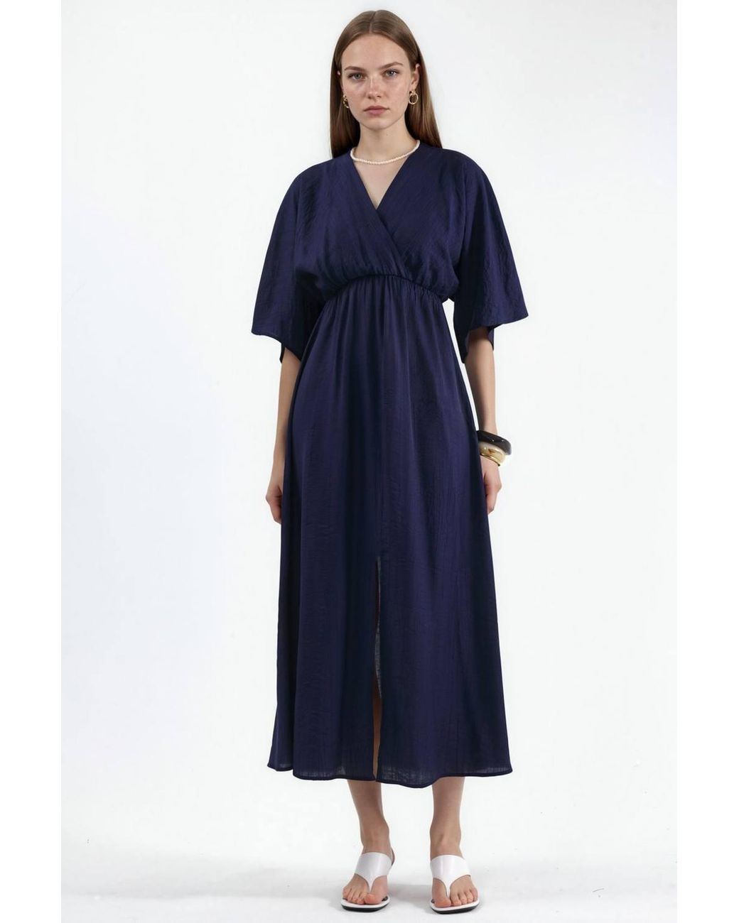 Busem Blue V-Neck Midi Wrap Dress With Three Quarter Sleeves