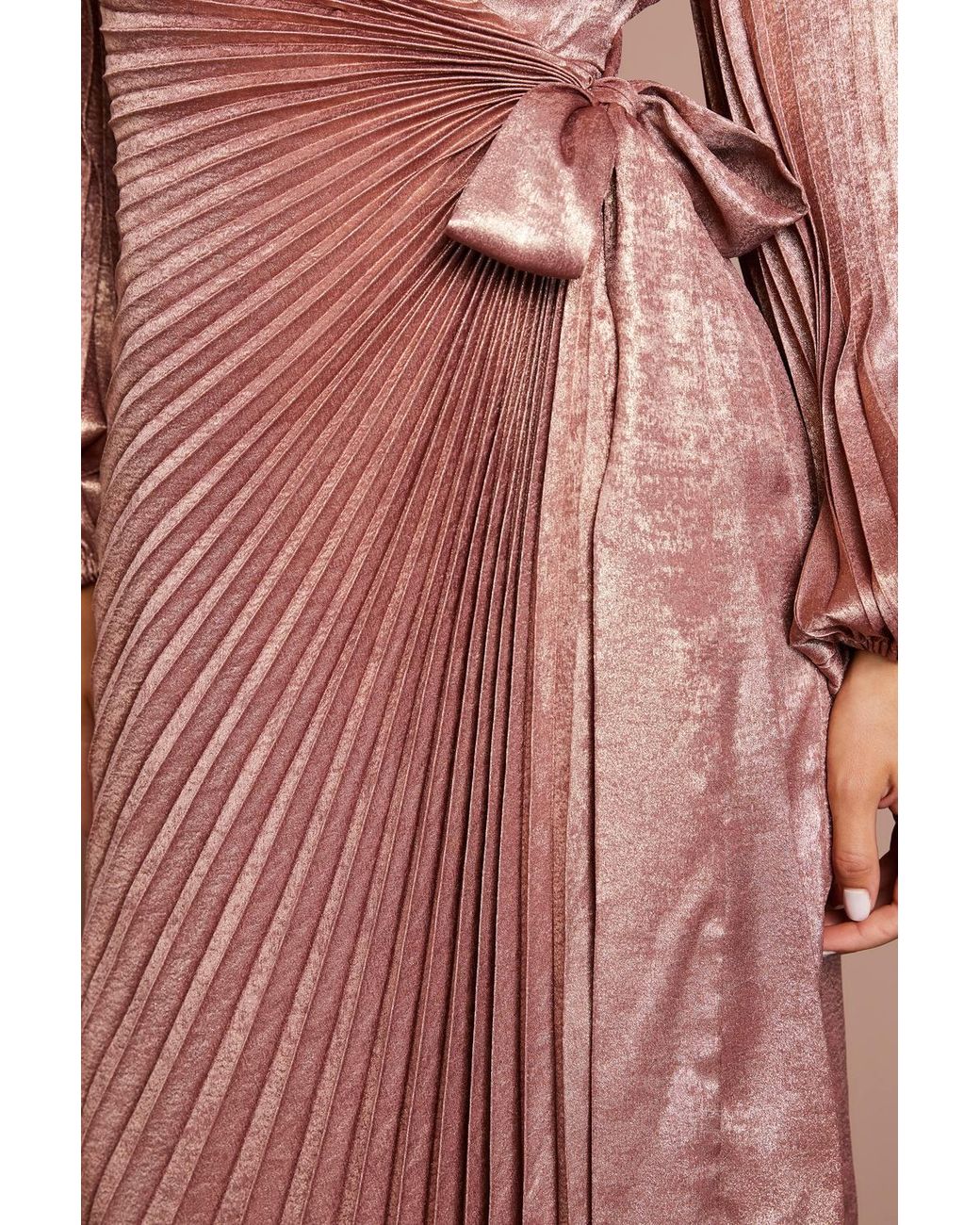 Coast Brown Metallic Blouson Sleeve Tie Wrap Pleated Midi Dress