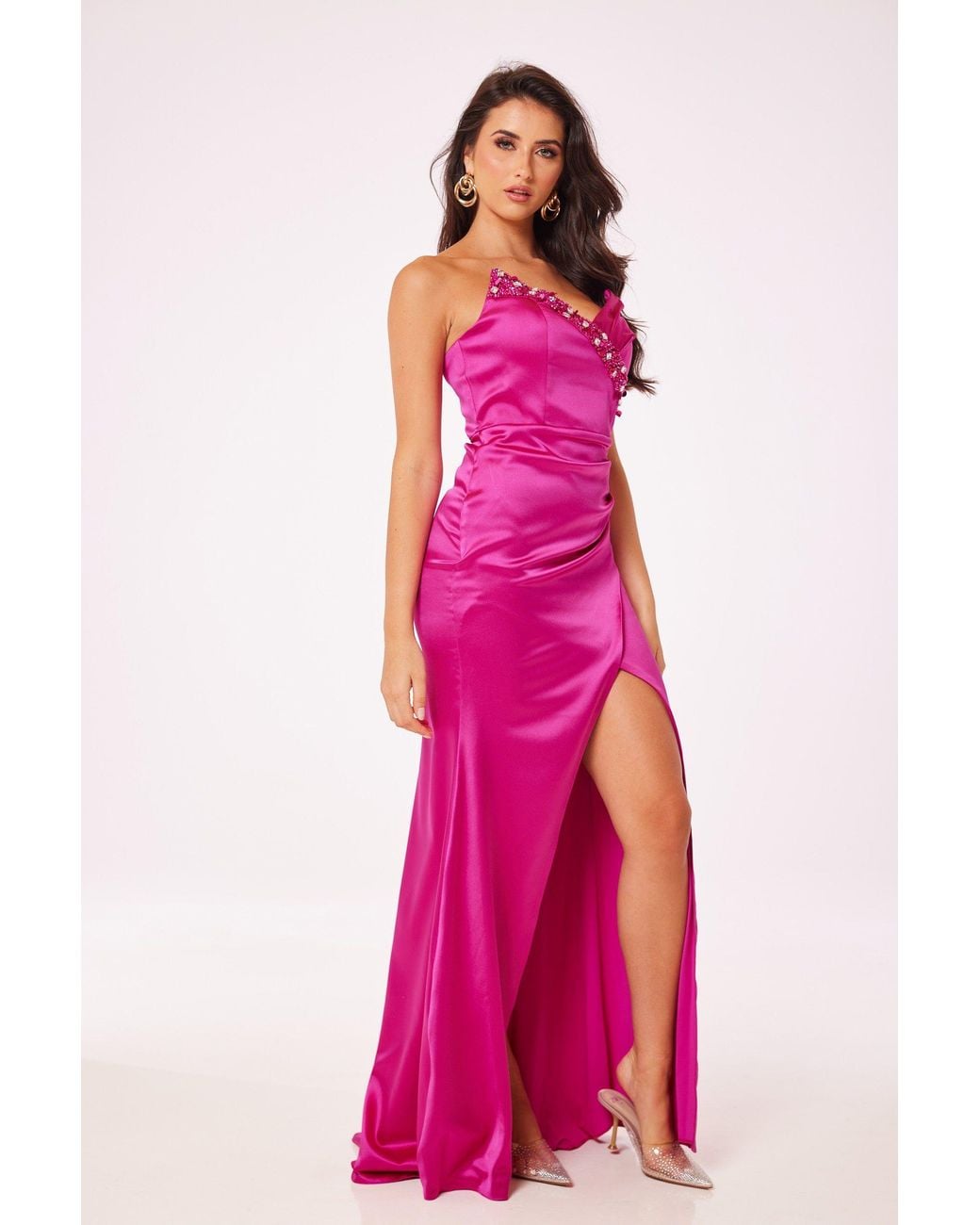 LuvForever Fashion Pink Fuschia Strapless Side Slit Maxi Dress
