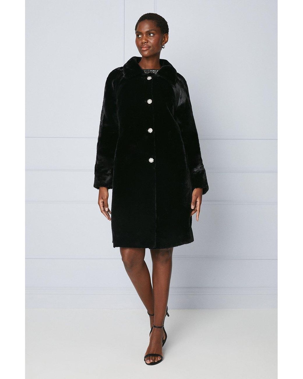 Wallis Faux Fur Diamante Button Coat in Black Lyst UK