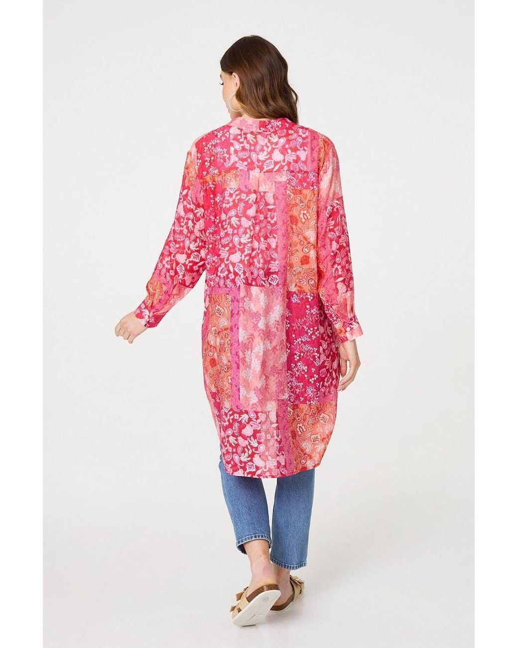 Izabel London Red Patchwork Print Semi Sheer Longline Shirt