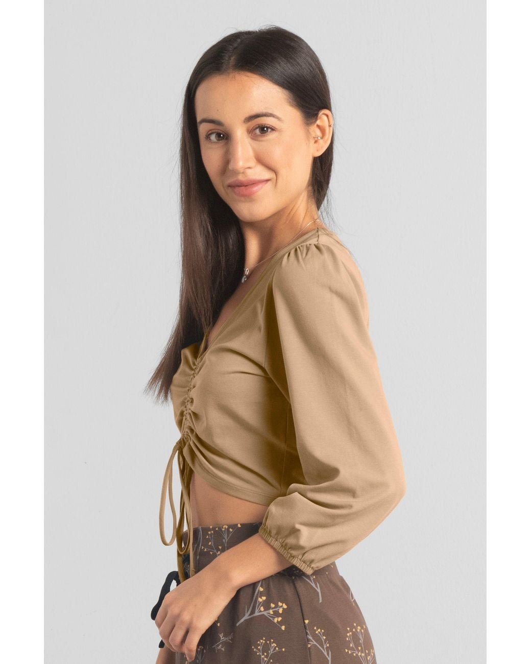 Enorsia Green Ruched Long Sleeve Crop Top