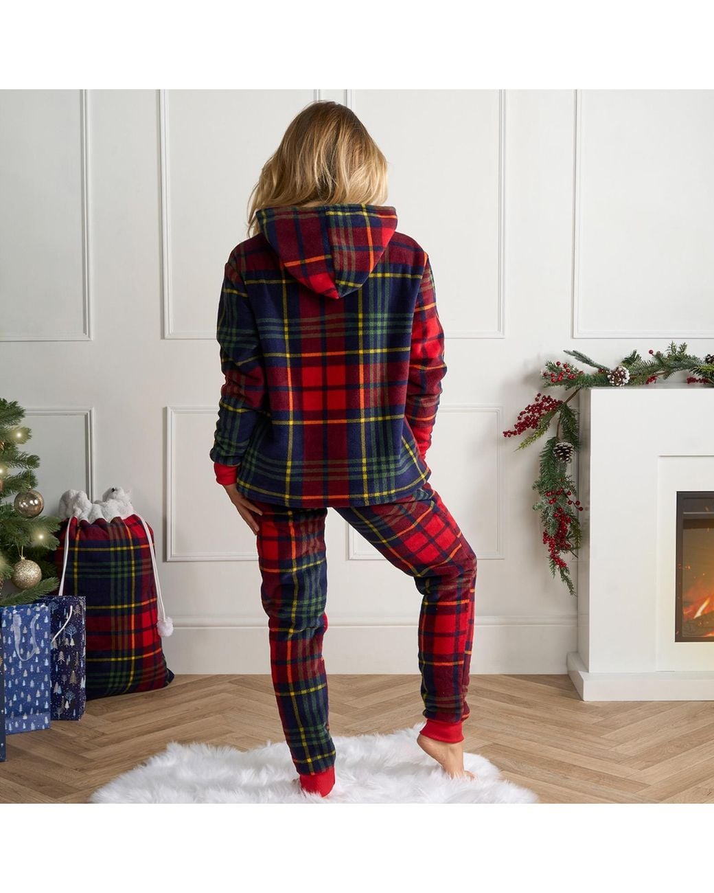 OHS Red Check Pyjamas Supersoft Plush Pjs Hoodie Set Warm Sherpa Fleece Lined Loungewear