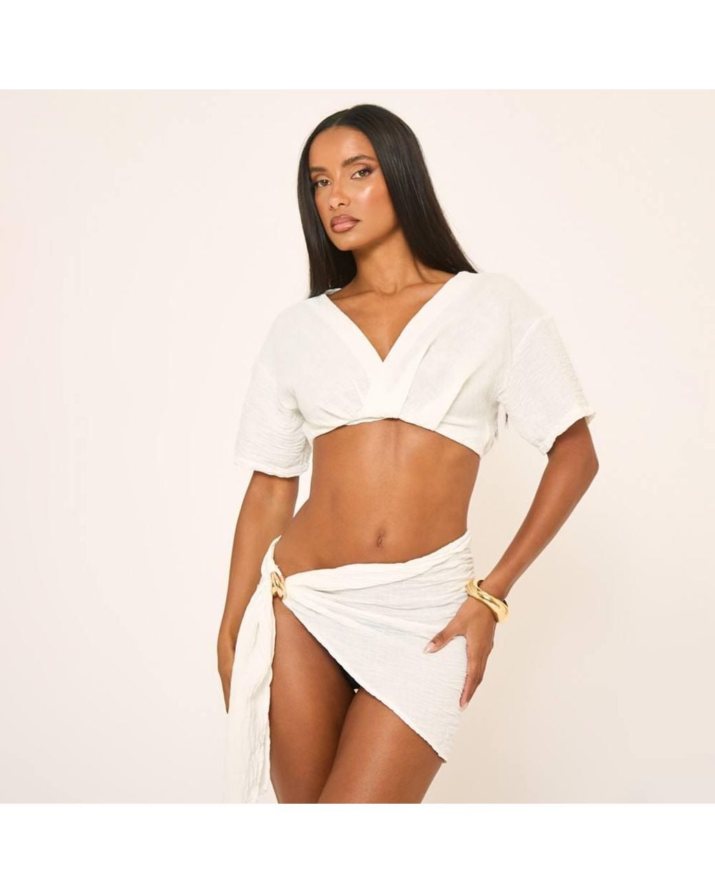 EGO White Short Sleeve Plunging Neckline Linen Mini Top