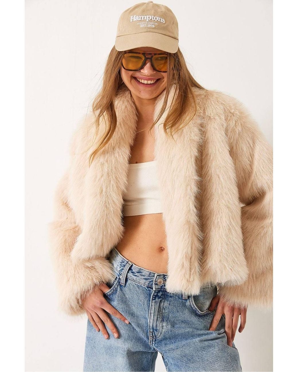 Bianco Lucci Blue Faux Fur Cropped Open Collar Coat