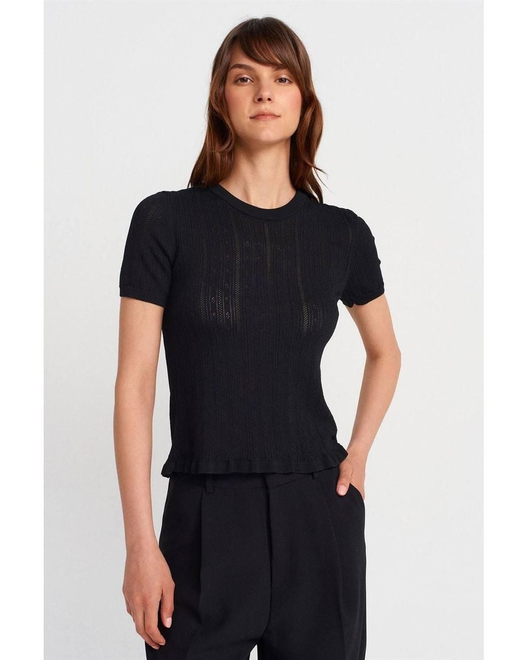 Dilvin Black Textured Ribbed Short-Sleeve Blouse