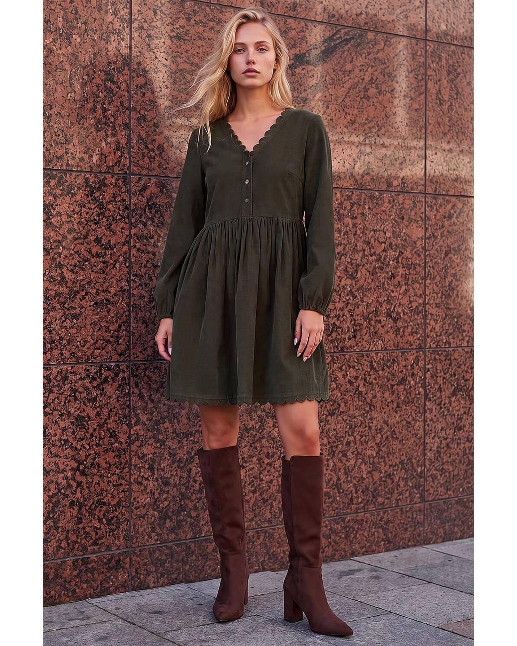 D.u.s.k Brown Scallop Edge Corduroy Dress