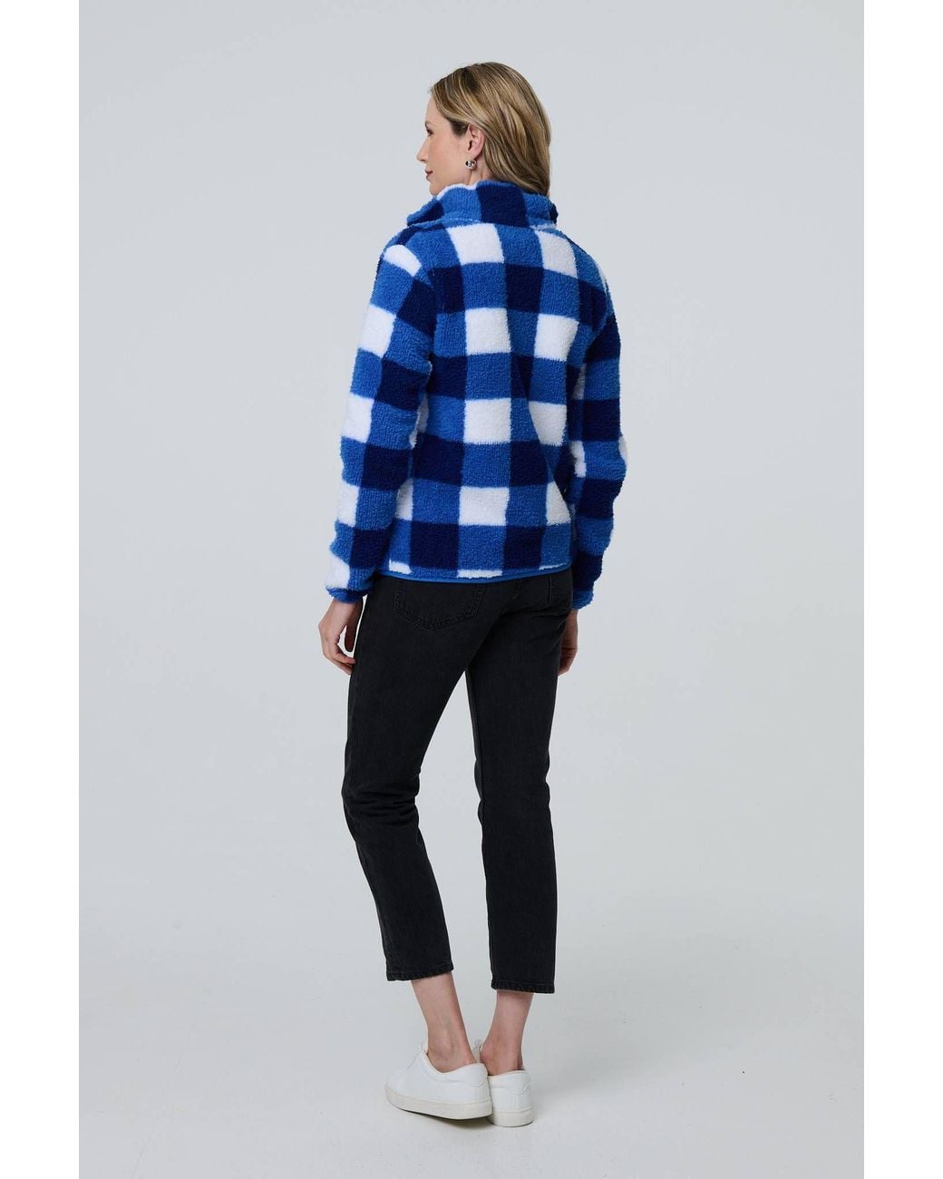 Izabel London Blue Checked Print Teddy Fur Zip Front Jacket