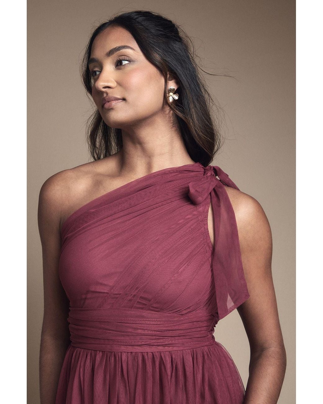 Oasis Multicolor Pleated Mesh One Shoulder Tiered Maxi Bridesmaid Maxi Dress