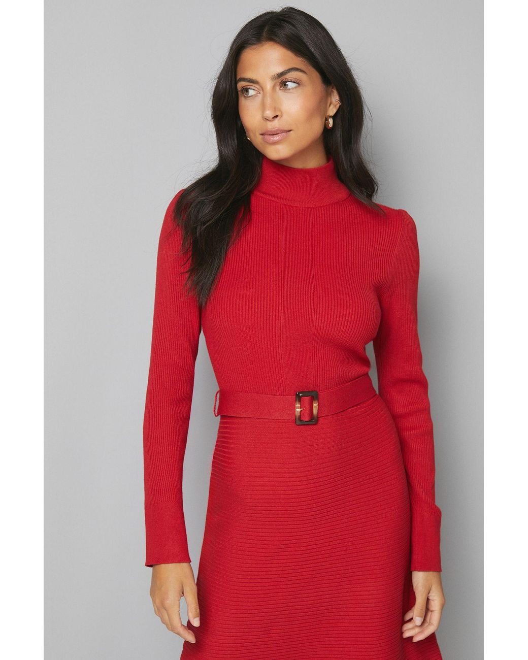 Wallis Red Rib Detail High Neck Belted Knitted Dress