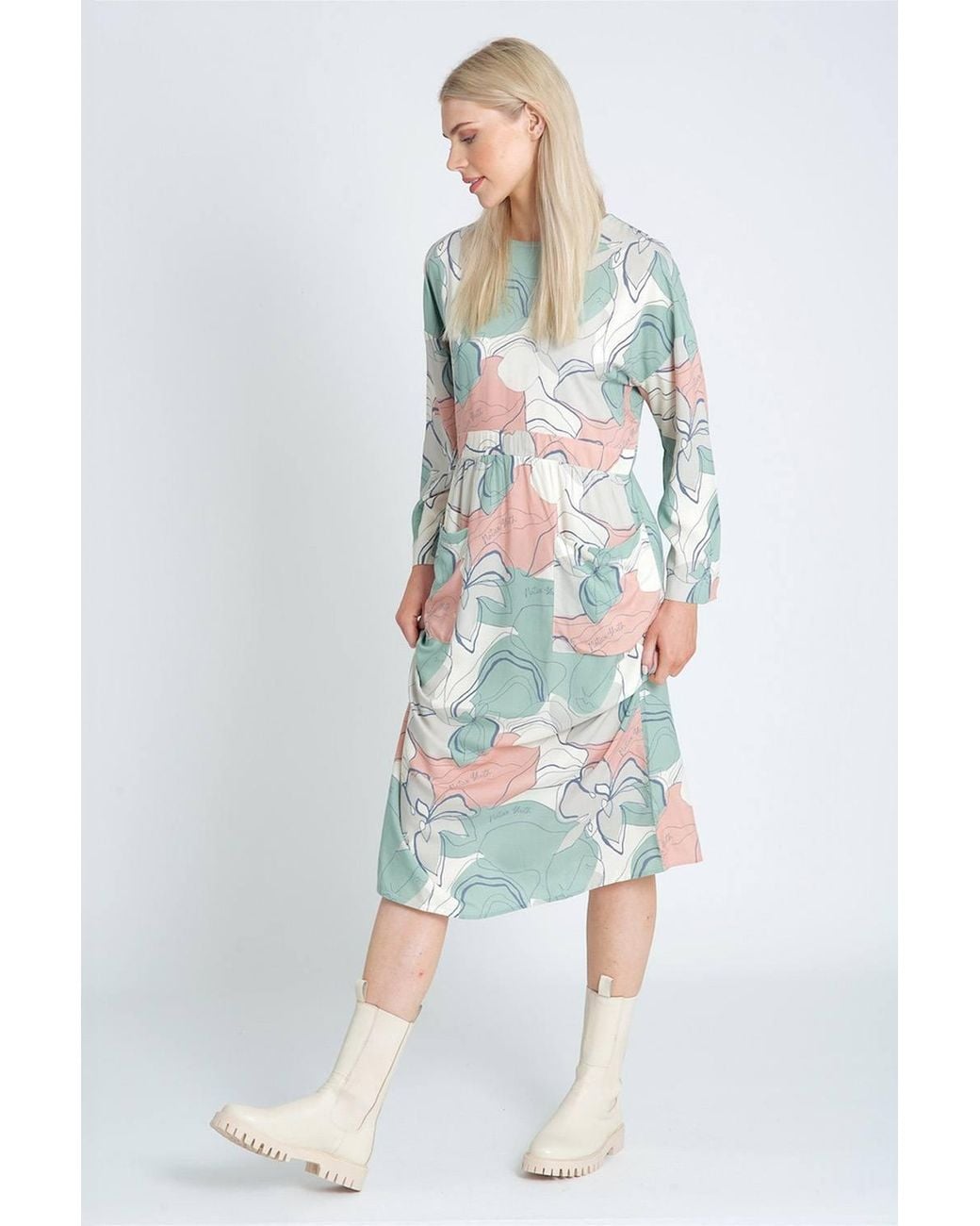 Native Youth White Floral Print Long Sleeve Relaxed Fit Midi Dress