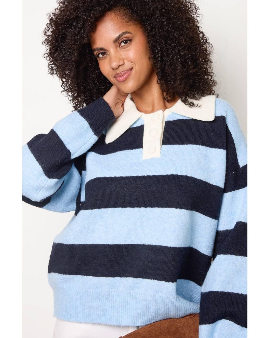 Blue Vanilla White Long Sleeve Button Up Collar Jumper