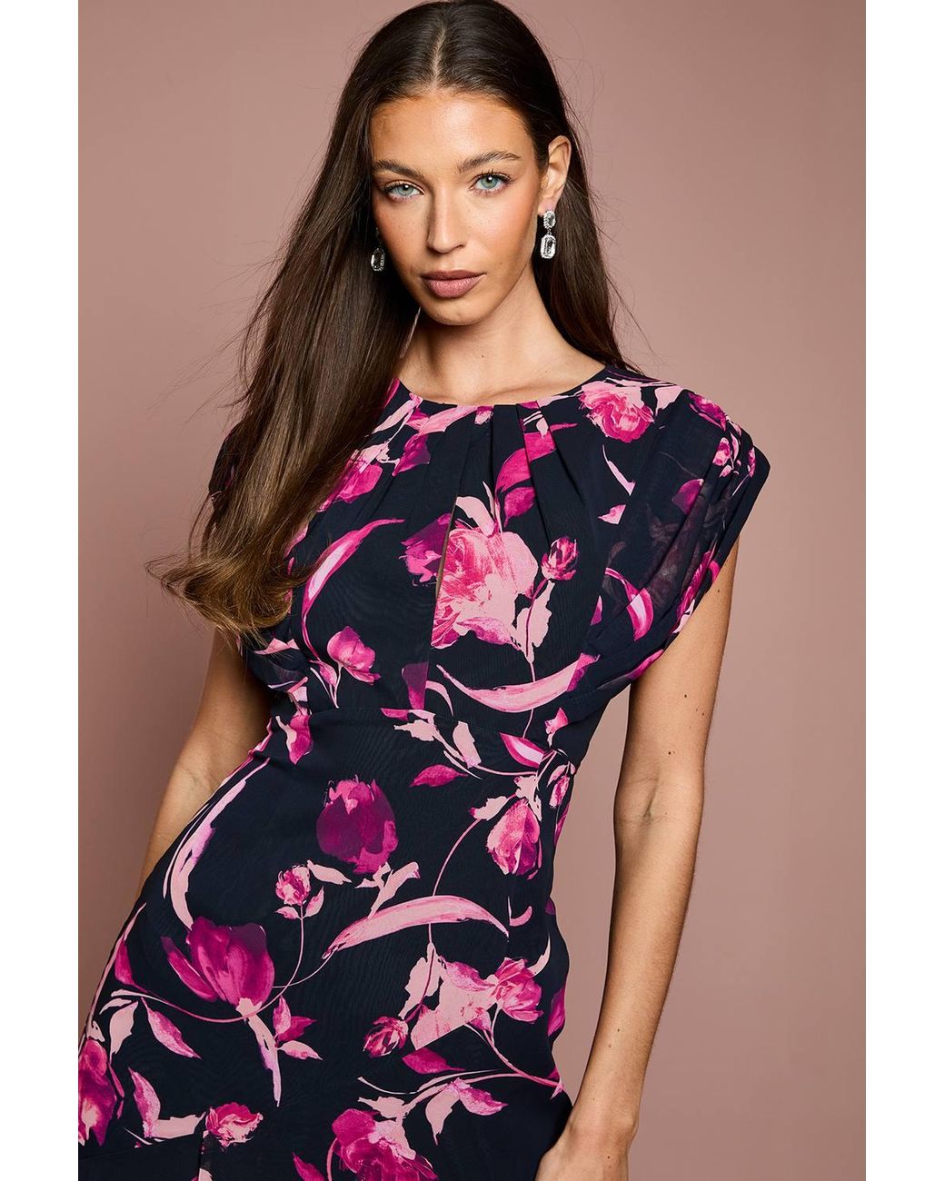 Coast Blue Cap Sleeve Floral Chiffon Midi Dress