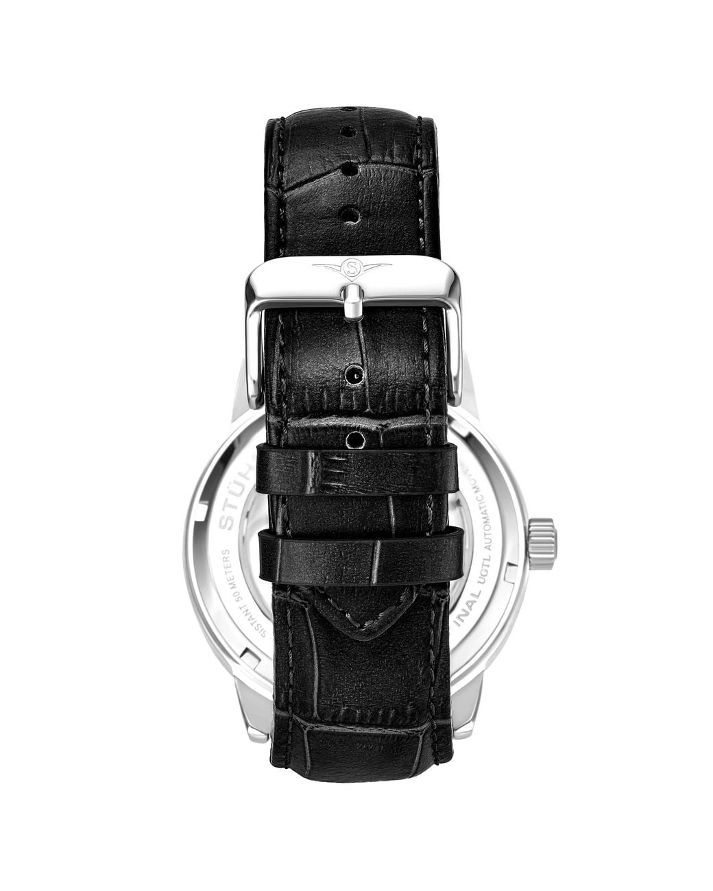 Stuhrling Black Stuhrling 3917 Automatic Skeleton Watch Dual Time Subdial, Am/Pm Indicator, & Alligator-Embossed Leather Strap For for men