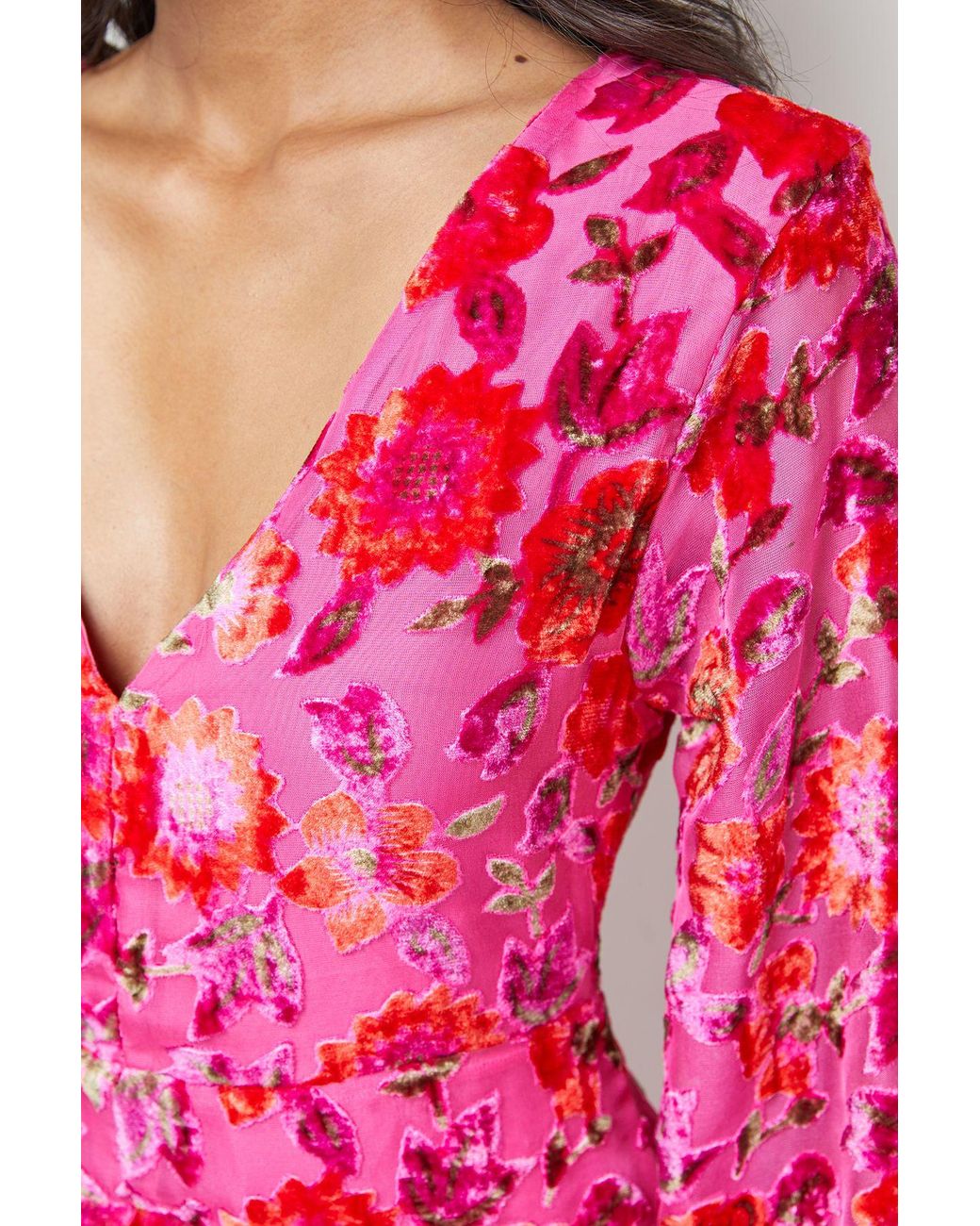 Warehouse Pink Devore Plunge Neck Waisted Midi Dress