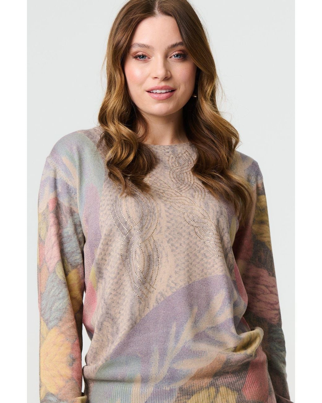 Izabel London Brown Abstract Long Sleeve Round Neck Knit Top