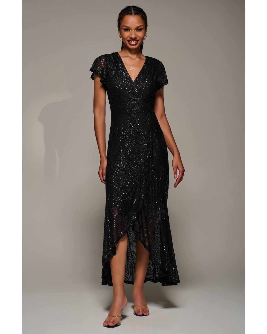 Jolie Moi Black Frill Short Sleeve Sequin Maxi Dress