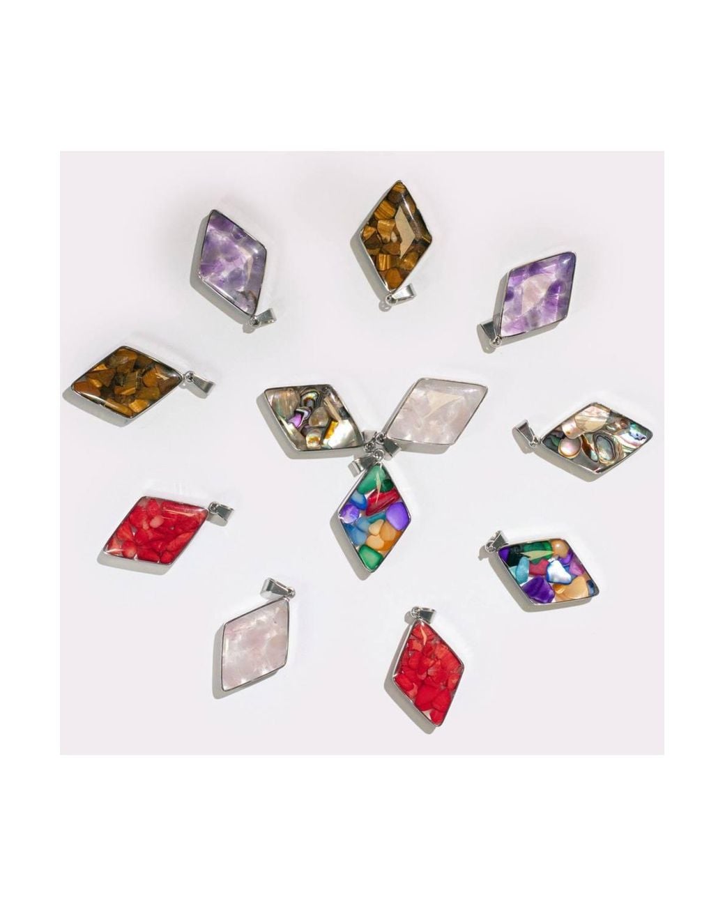 KDMD White 12 Assorted Gemstone & Shell Steel Pendant Set For Jewelry & Crafts